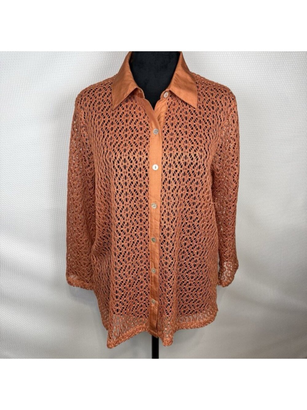Vintage Norton McNaughton Crochet Lace Collared Blouse Orange/Rust Sz Medium